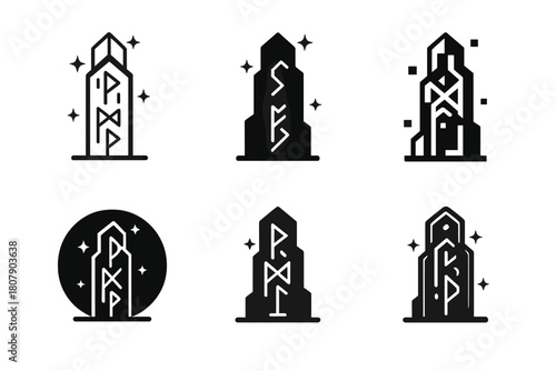 Urban Magic Logos. Fantasy and mythology in modern settings. Icon set. Set Logo of urban magic: glowing skyscraper with runes. harmonious logo variations of