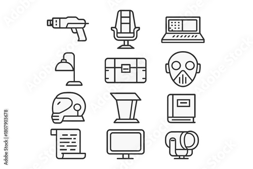 Sci-Fi Icon Set. Props for sci-fi play. Line icon set of Props for sci-fi play: laser gun, futuristic chair, control panel, lamp, trunk, mask, helmet, podium,