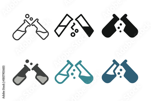 Chemical Icon Set. Chemical composition. Icon set. Set Logo of Chemical Reaction: Mixing liquids. Stylized detail, Abstract geometric, Minimal outline, Filled