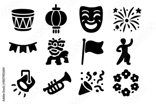 Cultural Festival Icons. Cultural Festivals. Solid icon set of Cultural Festivals: drum, lantern, mask, fireworks, banner, costume, flag, dance pose, stage