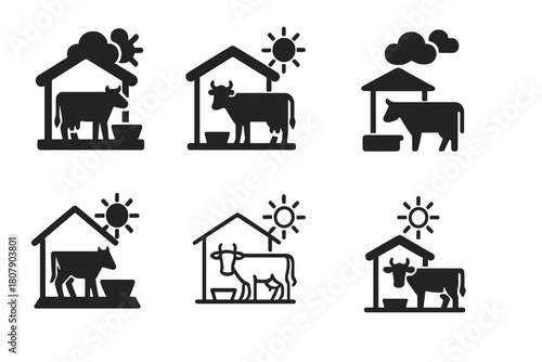 Agriculture-Climate Icons. Agriculture and climate change. Icon set. Set Logo of agriculture and climate change: livestock shade shelter with water trough.