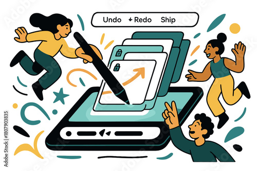 Vibrant Digital Creativity. Digital illustration session. A tablet glows as a stylus swoops; layers stack like playing cards with tiny lock icons. ?Undo ? Redo