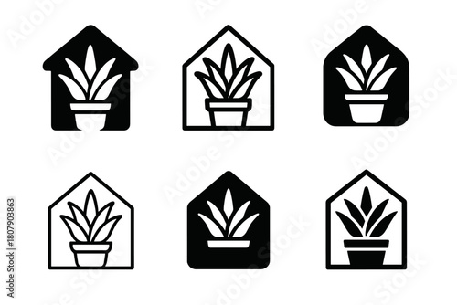 Tropical Home Icons. Creating a Tropical Vibe with Houseplants. Icon set. Set Logo of Tropical Home: Aloe Vera Pot. harmonious logo variations of the same