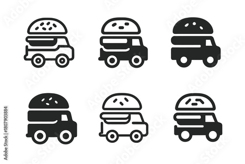 Street Food Logos. Street food and food trucks. Icon set. Set Logo of street food and food trucks: burger on wheels. harmonious logo variations of the same