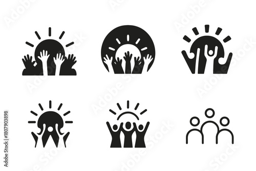 Summer Festival Logos. Summer music festival themes and decor. Icon set. Set Logo of Summer music festival themes and decor: crowd with hands raised.
