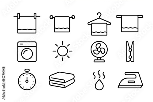 Towel Drying Icons. Towel drying methods. Line icon set of towel drying methods: clothesline, towel rack, hanger, drying rod, tumble dryer, sun icon, airflow