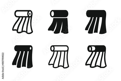 Curtain Fabric Icons. Curtain fabric. Icon set. Set Logo of curtain fabric: fabric roll with folds. harmonious logo variations of the same emblematic concept,