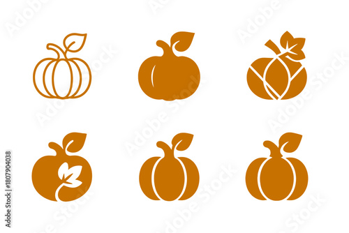 Autumn Harvest Logos. Autumn harvests and organic food production. Icon set. Set Logo of Autumn harvests and organic food production: pumpkin with leaf and