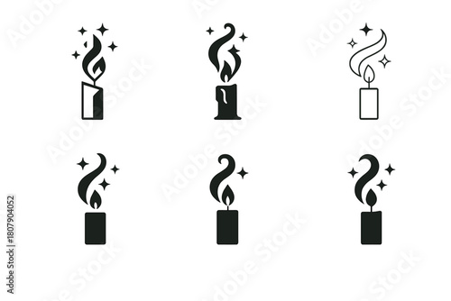 Candle Magic Icons. Candle magic. Icon set. Set Logo of cleansing flame: candle with smoke rising into stars. harmonious logo variations of the same emblematic