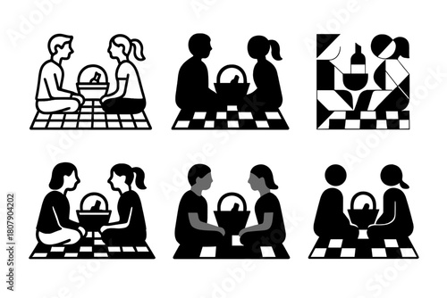Simple Joys Icons. Couples Enjoying the Simple Things in Life Together. Icon set. Set Logo of Simple Joys: Picnic Together. harmonious logo variations of the