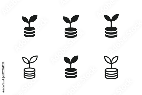 Investment Growth Icons. Bonds and securities. Icon set. Set Logo of investment growth: plant sprouting from coin stack. harmonious logo variations of the same
