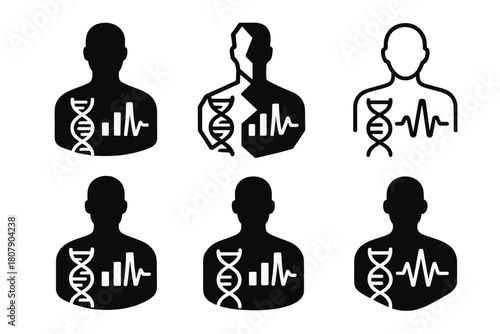 Biohacking Logo Icons. DIY biohacking and body modification. Icon set. Set Logo of self-experimentation: human silhouette with data symbols. harmonious logo