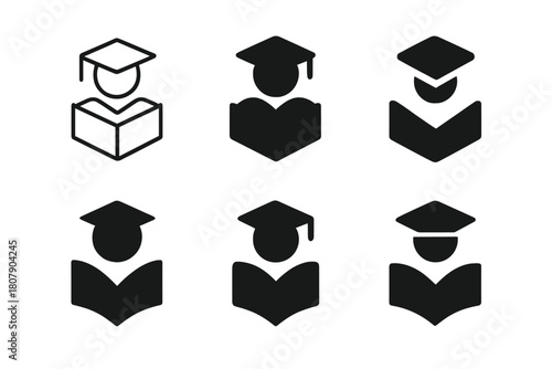 Thesis Icon Variations. Research students working on thesis projects. Icon set. Set Logo of Research students: Graduation cap. harmonious logo variations of