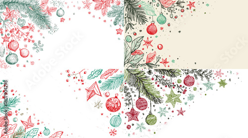 Festive Christmas frame with pine branches, holly, ornaments, and winter florals in soft watercolor tones. Ideal for holiday cards, seasonal decoration, and winter themed designs.