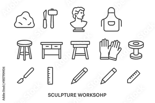 Sculpture Workshop Icons. Sculpture workshop. Line icon set of sculpture workshop: clay, chisel, hammer, sculpture, apron, stool, workbench, gloves, potter