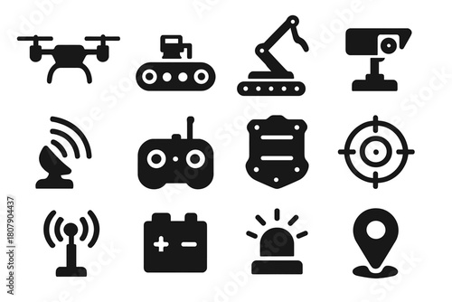 Military Robots Icons. Military Robots. Solid icon set of Military Robots: drone, tracked bot, bomb disposal arm, camera turret, radar, remote controller,
