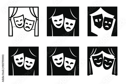 Theater Logo Variations. Theater festivals and events. Icon set. Set Logo of stage performance: theater masks on curtain backdrop. harmonious logo variations