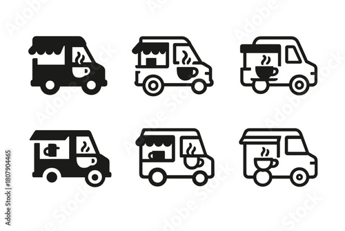 Food Truck Logos. Food truck street parties. Icon set. Set Logo of food truck street parties: barbecue grill beside open truck window. harmonious