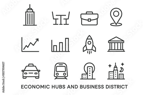 Economic Icons Set. Economic hubs and business districts. Line icon set of economic hubs and business districts: office tower, coworking desk, conference