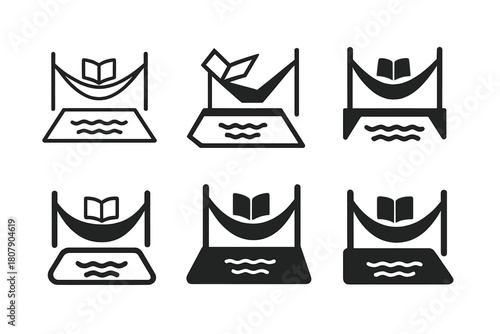 Reading Poolside Icons. Reading by the poolside. Icon set. Set Logo of reading by the poolside: hammock by pool with book. harmonious logo variations of the