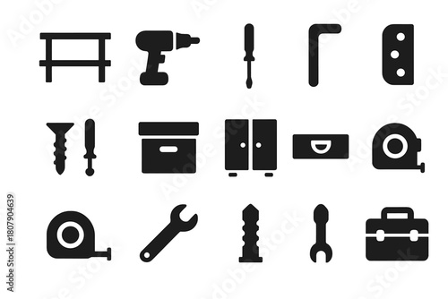 Storage Upgrade Icons. Storage upgrade. Solid icon set of storage upgrade: shelf, drill, screwdriver, bracket, screws, storage box, cabinet, level tool,