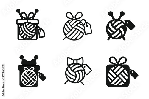 Hobby Gift Icons. Hobby-related gifts. Icon set. Set Logo of Hobby-related gifts: knitting yarn ball with needles and gift tag. harmonious logo variations of