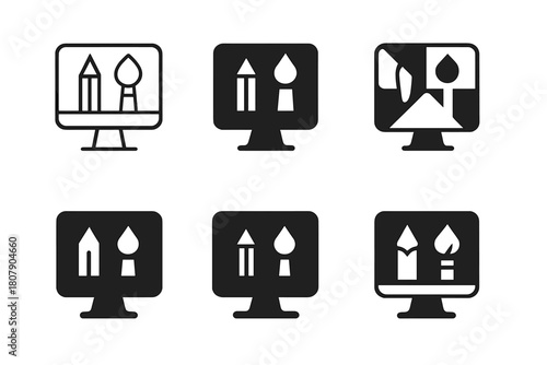 Digital Creation Icons. Digital content creation services. Icon set. Set Logo of Digital content creation services: computer with creative tools. harmonious