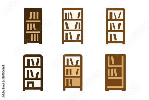 Modern Bookshelf Logos. A modern bookshelf with clean lines and a wood finish. Icon set. Set Logo of A modern bookshelf with clean lines and a wood finish: