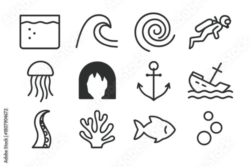 Abyss Icon Set. Abyss. Line icon set of abyss: deep ocean, wave, whirlpool, diver, jellyfish, dark cave, anchor, sunken ship, tentacle, coral, fish silhouette,