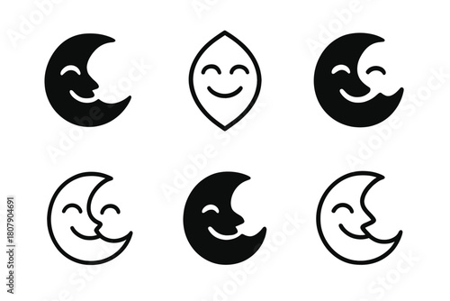 Smiling Moon Icons. Smiling. Icon set. Set Logo of Smiling: Smiling Moon. harmonious logo variations of the same emblematic concept, each with different