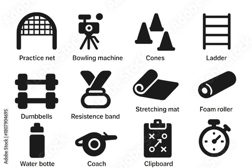 Training Gear Icons. Training & Fitness. Solid icon set of Training & Fitness: practice nets, bowling machine, cones, ladder drill, dumbbells, resistance band,