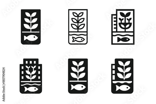 Urban Aquaponics Icons. Growing food with aquaponics in a small urban apartment. Icon set. Set Logo of growing food with aquaponics in a small urban apartment: