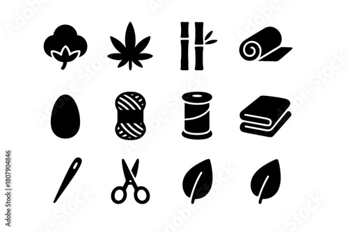 Organic Fabric Icons. Organic fabrics. Solid icon set of organic fabrics: cotton flower, hemp leaf, bamboo stalk, linen roll, silk cocoon, wool yarn, spool,