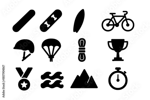 Extreme Sports Icons. High-Risk Activities. Solid icon set of High-Risk Activities: parachuting, rock climbing, base jumping, skydiving, motocross, bungee