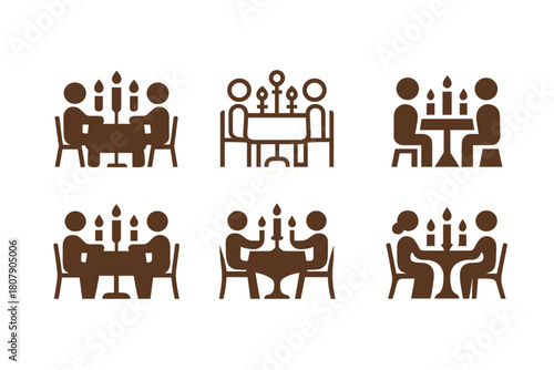 Romantic Dinner Icon Variations. Romantic dinner dates and intimate moments. Icon set. Set Logo of romantic moments: dinner table with candles. harmonious logo
