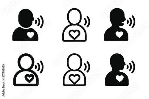 Compassionate Listening Icons. Compassionate Listening. Icon set. Set Logo of Compassionate Listening: Ear with Heart. harmonious logo variations of the same