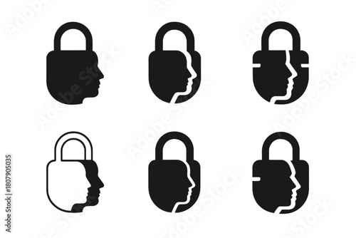 Facial Recognition Logos. Facial recognition. Icon set. Set Logo of facial recognition: camera lens with face aperture motif. harmonious logo variations of the