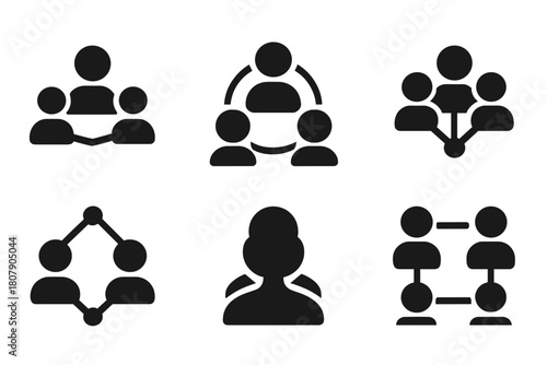 Connected Avatar Icons. Digital avatars and evolving identity. Icon set. Set Logo of Connected Avatars: Multiple digital profiles networked. Negative space,