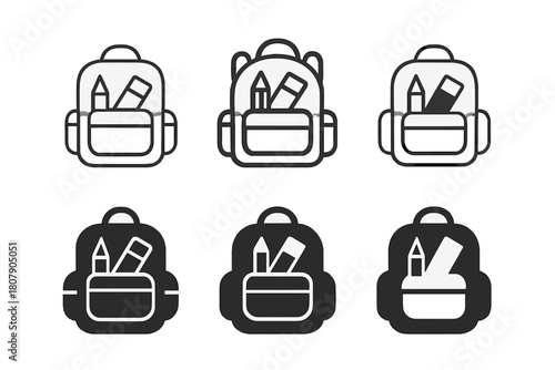 Backpack Logos Grid. Backpack with school supplies. Icon set. Set Logo of Backpack: Eraser. harmonious logo variations of the same emblematic concept (Stylized