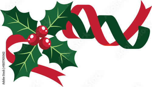 Christmas Holly Berry and Ribbon Vector Design, Festive Winter Holiday Decoration, Red and Green Banner Element