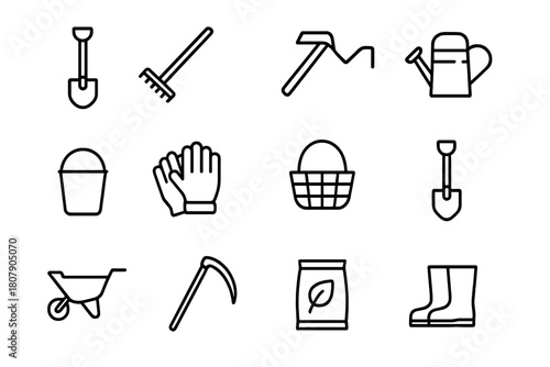 Farm Tools Icons. Farm tools. Line icon set of farm tools: shovel, rake, hoe, watering can, bucket, gloves, basket, spade, wheelbarrow, scythe, seed bag,