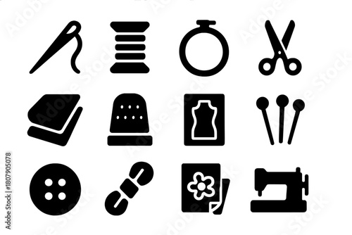 Needlework Icon Set. Needlework. Solid icon set of Needlework: needle, thread spool, embroidery hoop, scissors, fabric, thimble, pattern template, pins,