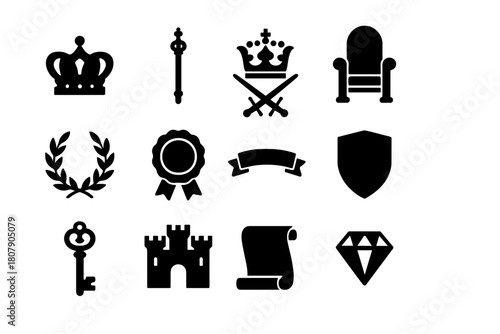 Royal Symbol Icons. Royal symbols. Solid icon set of Royal symbols: crown, scepter, coat of arms, throne, laurel wreath, royal seal, ribbon banner, crest