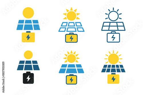 Solar Power Icon Set. Solar power plants. Icon set. Set Logo of solar power plants: battery energy storage. harmonious logo variations of the same emblematic