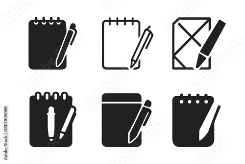 Investigative Journalism Logos. Investigative reporting. Icon set. Set Logo of investigative reporting: journalist notebook and pen. harmonious logo variations