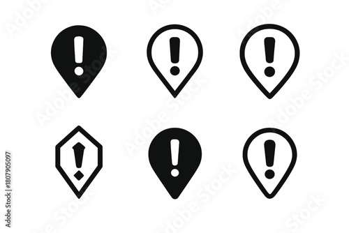 Iconic Logo Variations. Pinned post design. Icon set. Set Logo of priority content: exclamation mark with pin outline. harmonious logo variations of the same