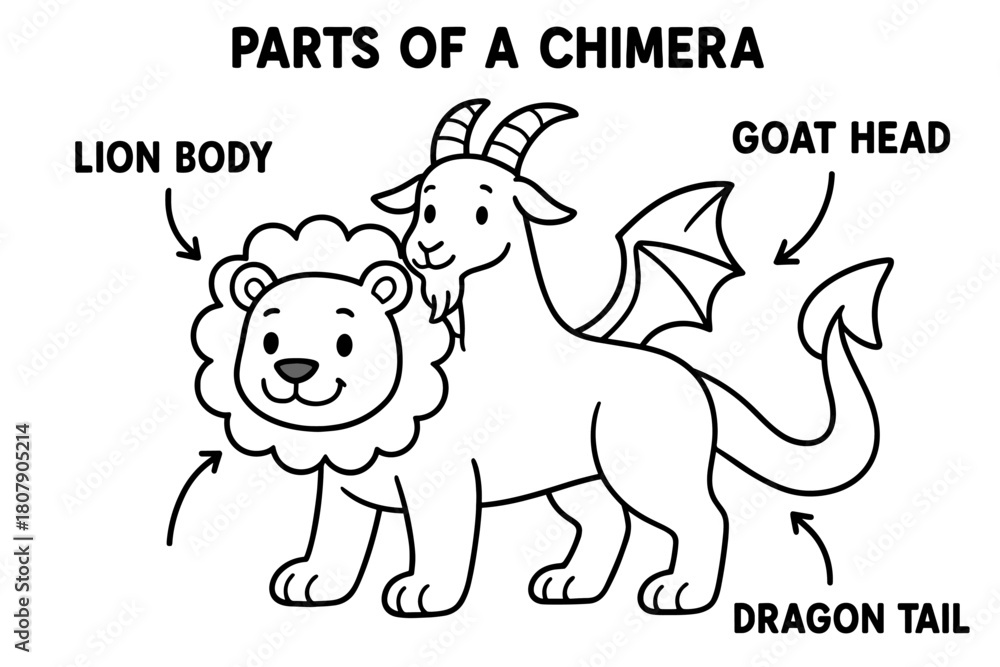 Obraz premium Chimera Coloring Book. Parts of a chimera children?s coloring book illustration, outlined drawing, three labeled sections showing lion body, goat head, and