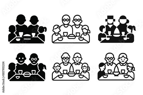 Family Connection Icons. Kids with their grandparents and elderly family members. Icon set. Set Logo of family connection: shared meal at table. harmonious