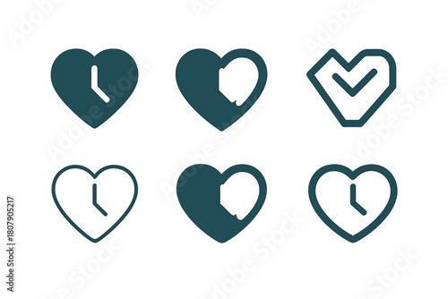 Healthy Aging Logos. Healthy aging. Icon set. Set Logo of healthy aging: clock and heart. harmonious logo variations of the same emblematic concept, each with