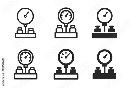 Machine Calibration Logos. Machine calibration tools. Icon set. Set Logo of Machine calibration tools: pressure gauge deadweight tester. harmonious logo